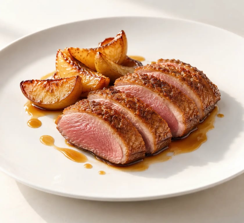 Recettes gastronomiques faciles : magret de canard, pommes rôties et jus au miel