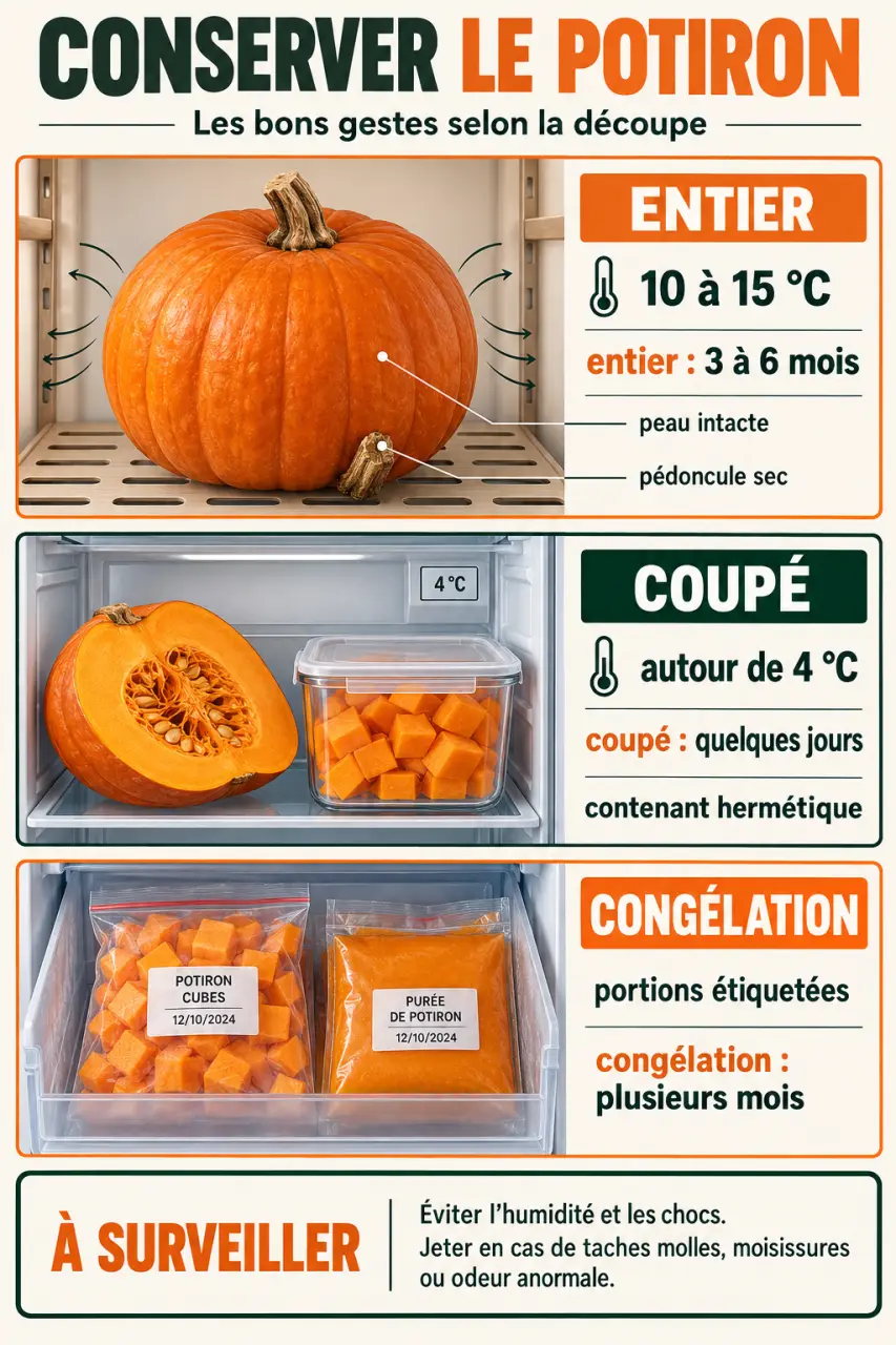Infographie sur la conservation du potiron entier, coupé au réfrigérateur et congelé