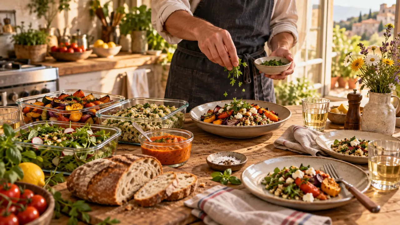 Table de cuisine avec des plats préparés maison, des légumes de saison et des herbes fraîches