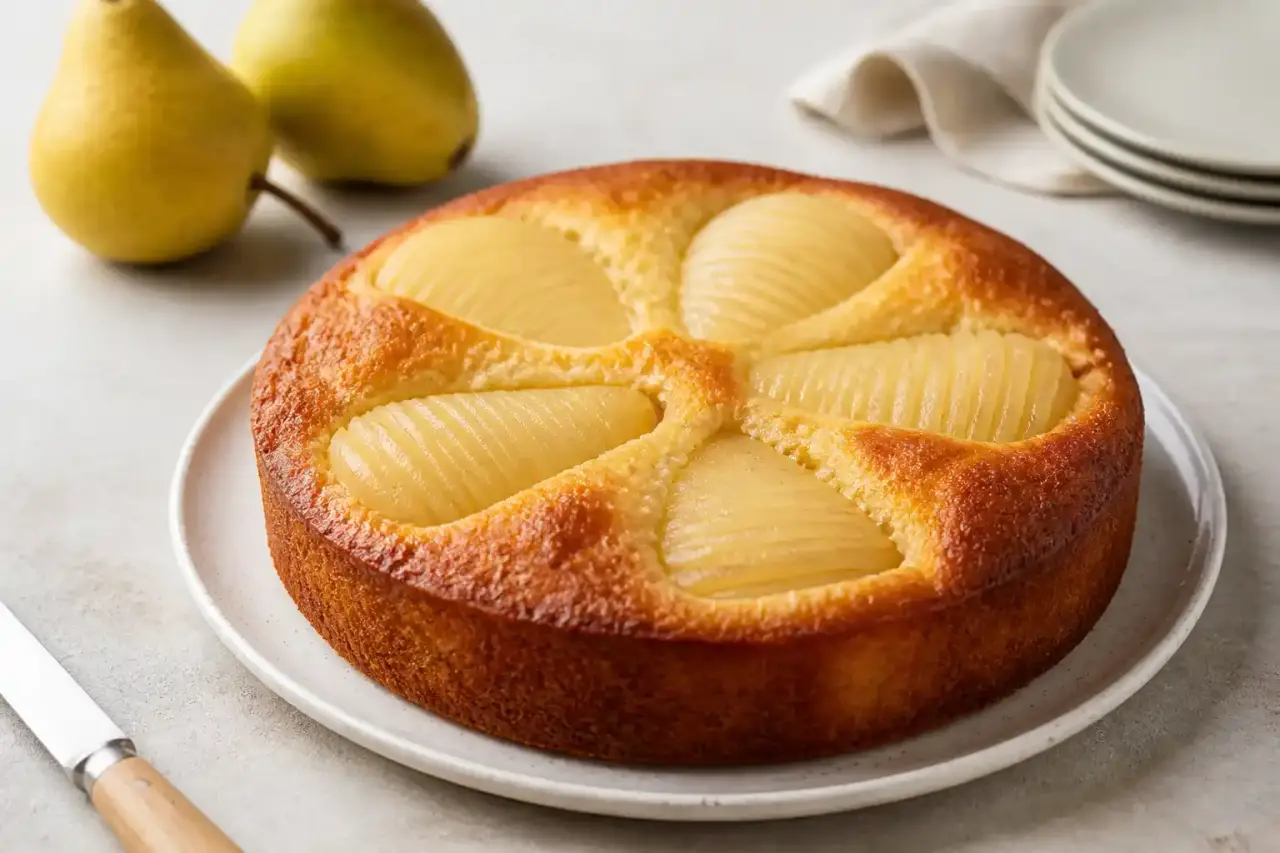 Moelleux aux poires doré et fondant, présenté sur une table de cuisine chaleureuse