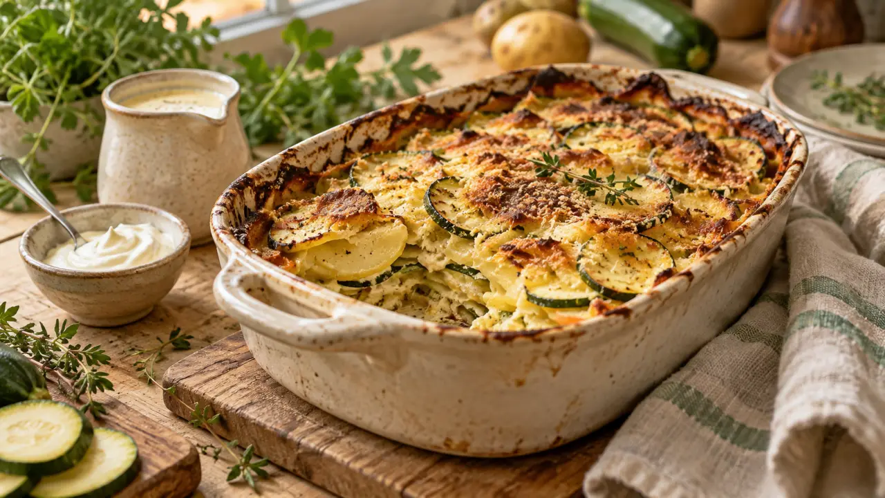 Gratin de légumes maison doré et fondant dans un plat en céramique