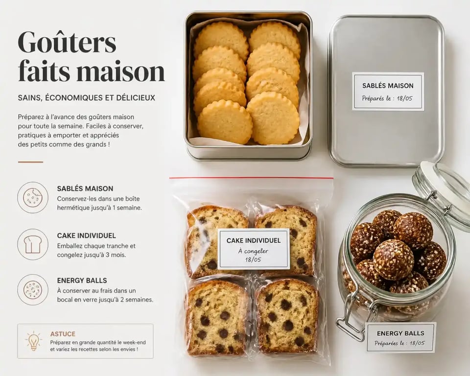 Goûter fait maison pour la semaine rangé dans des boîtes de conservation variées