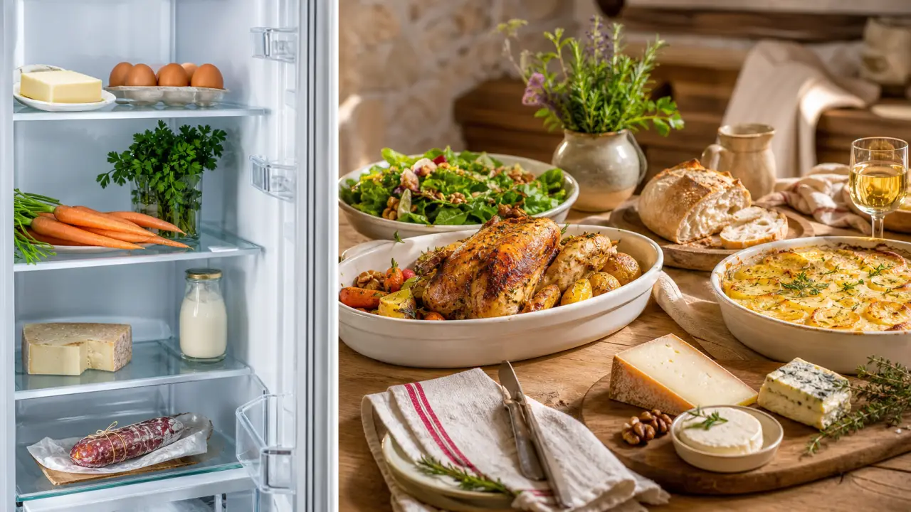 Table en bois dressée avec des plats maison rustiques et élégants