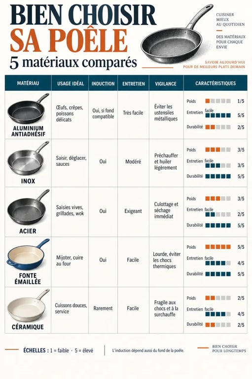 Meilleur poeles : infographie comparative des matériaux, usages, induction et entretien