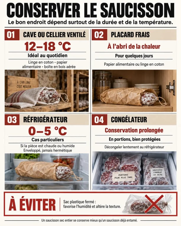 Infographie sur la conservation saucisson selon le lieu, la température et le contenant