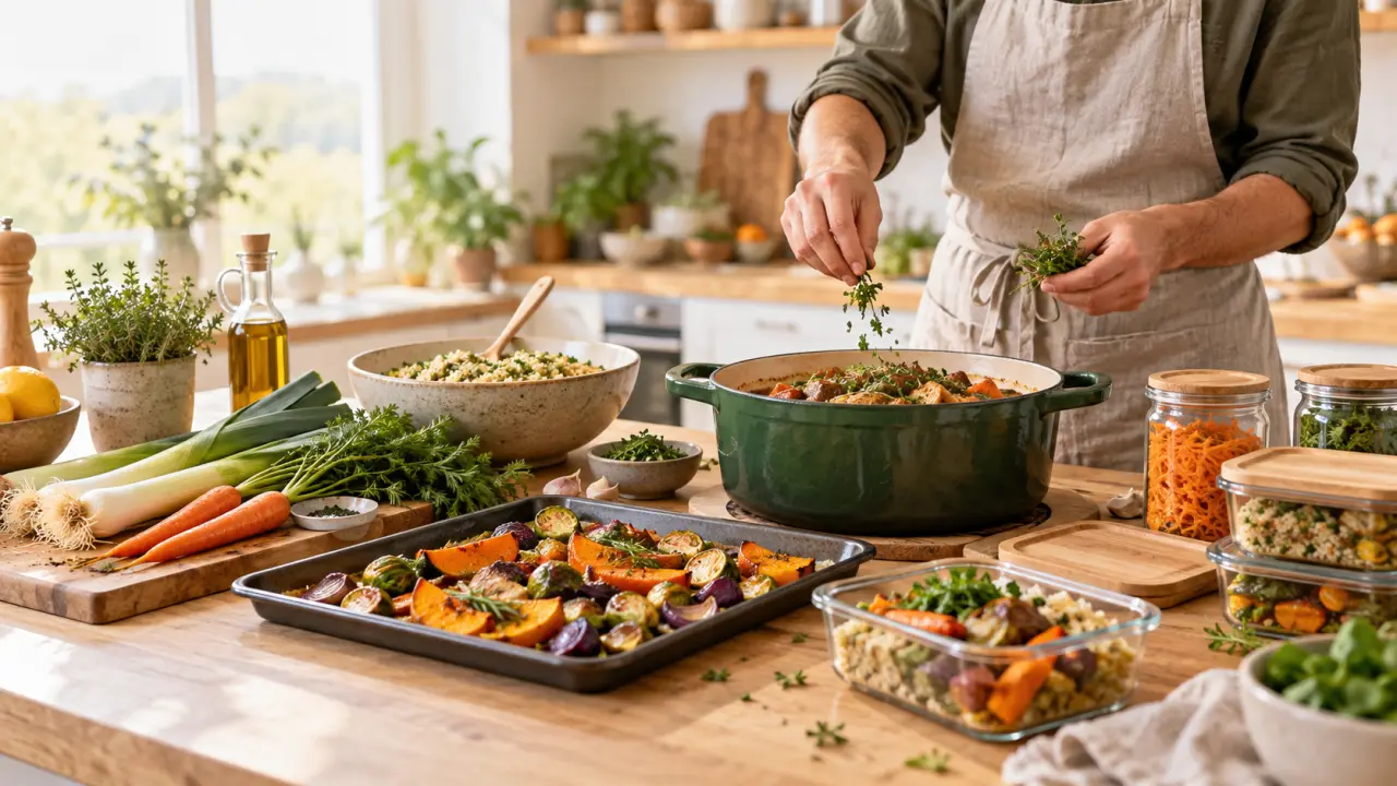 Table de cuisine avec légumes de saison, plats préparés et bocaux en verre