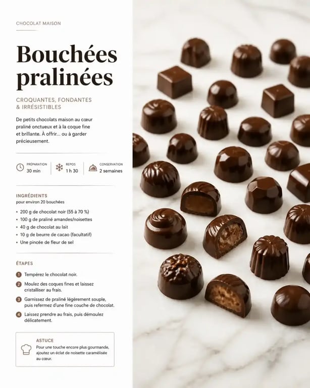 Recette petit chocolat maison facile avec coques brillantes fourrées au praliné