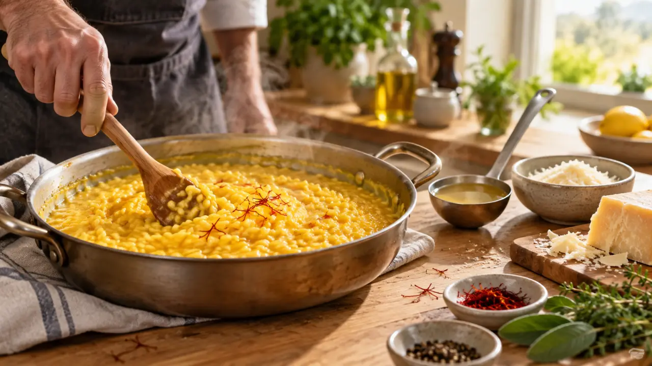 Risotto crémeux aux champignons servi dans une assiette en grès