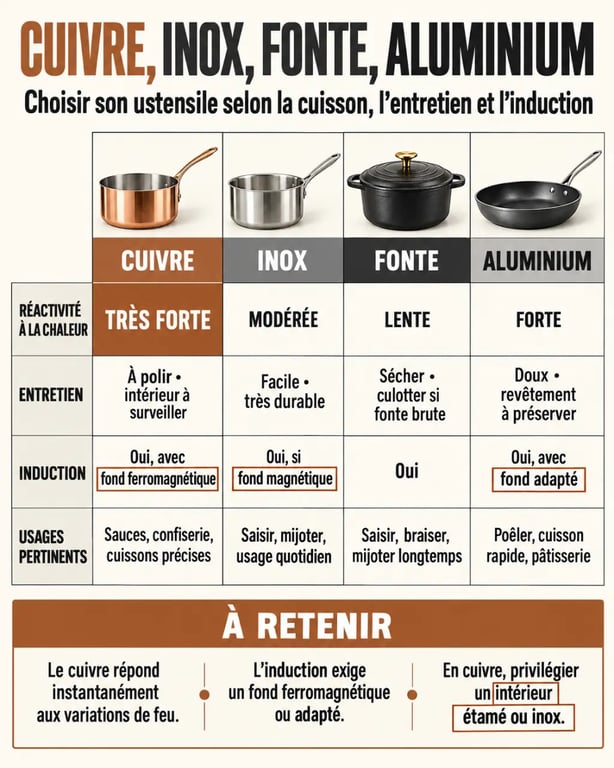Infographie sur les ustensiles de cuisine en cuivre comparés à l’inox, la fonte et l’aluminium