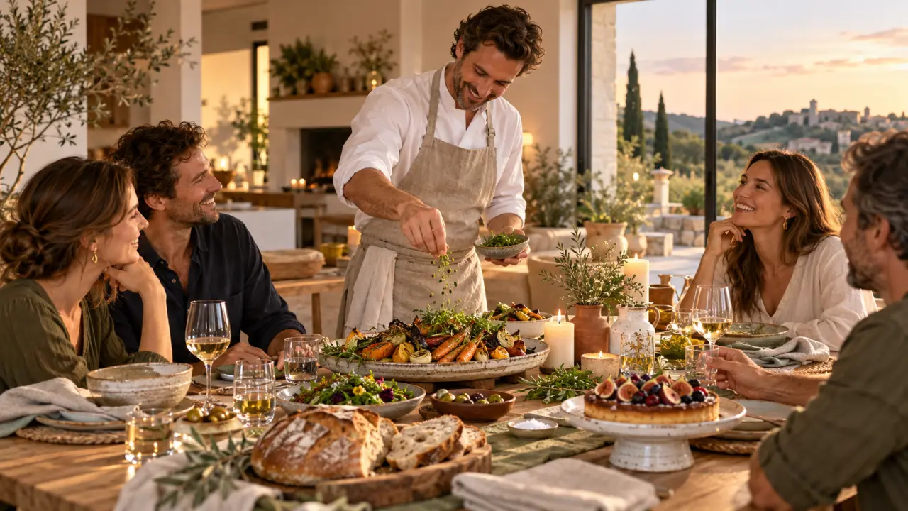 Table chaleureusement dressée pour un dîner préparé par un chef à domicile