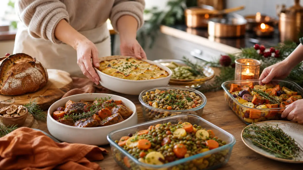 Table chaleureuse dressée pour un repas festif, avec plats maison, herbes fraîches et lin naturel