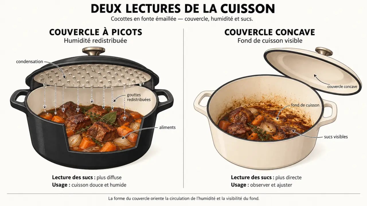 Infographie comparative des cocottes Staub ou Le Creuset et de leurs différences de cuisson