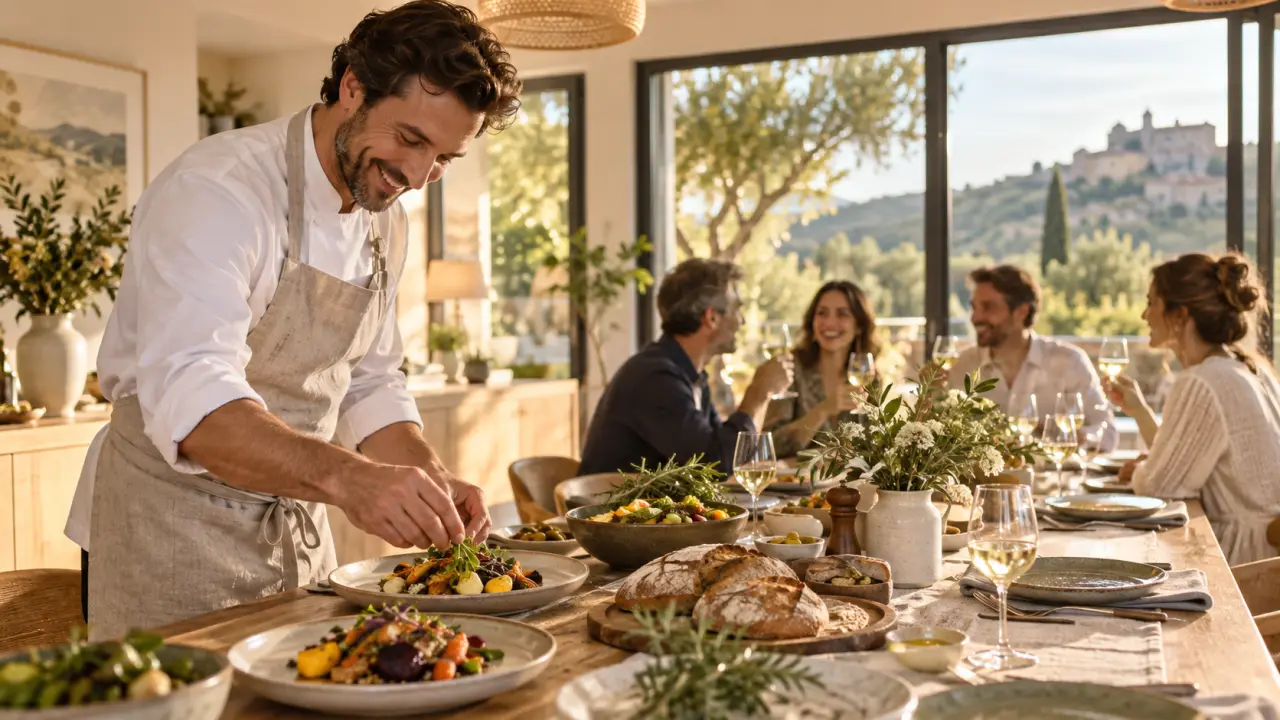 Table chaleureusement dressée pour une réception avec des plats faits maison