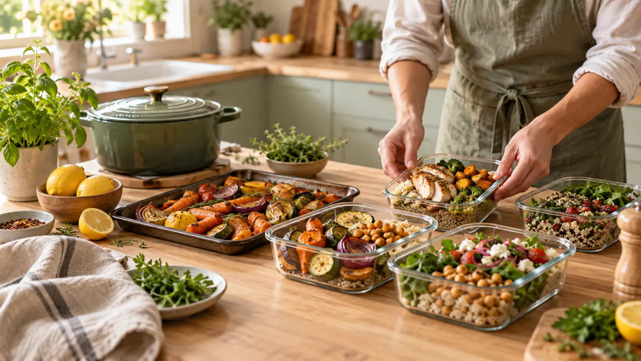 Ingrédients frais et plats maison préparés pour un menu de batch cooking