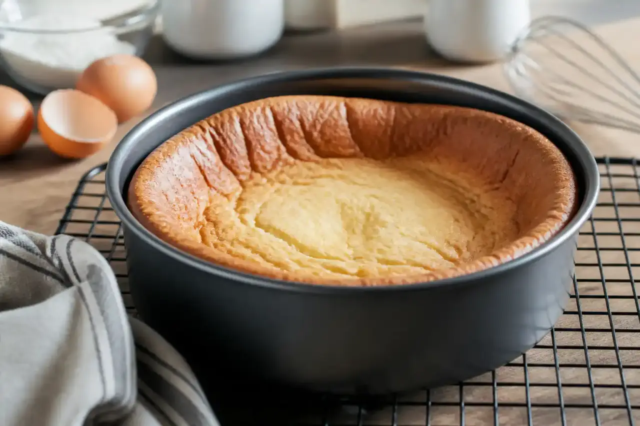 Un magnifique gâteau doré légèrement affaissé sur une table de cuisine en bois