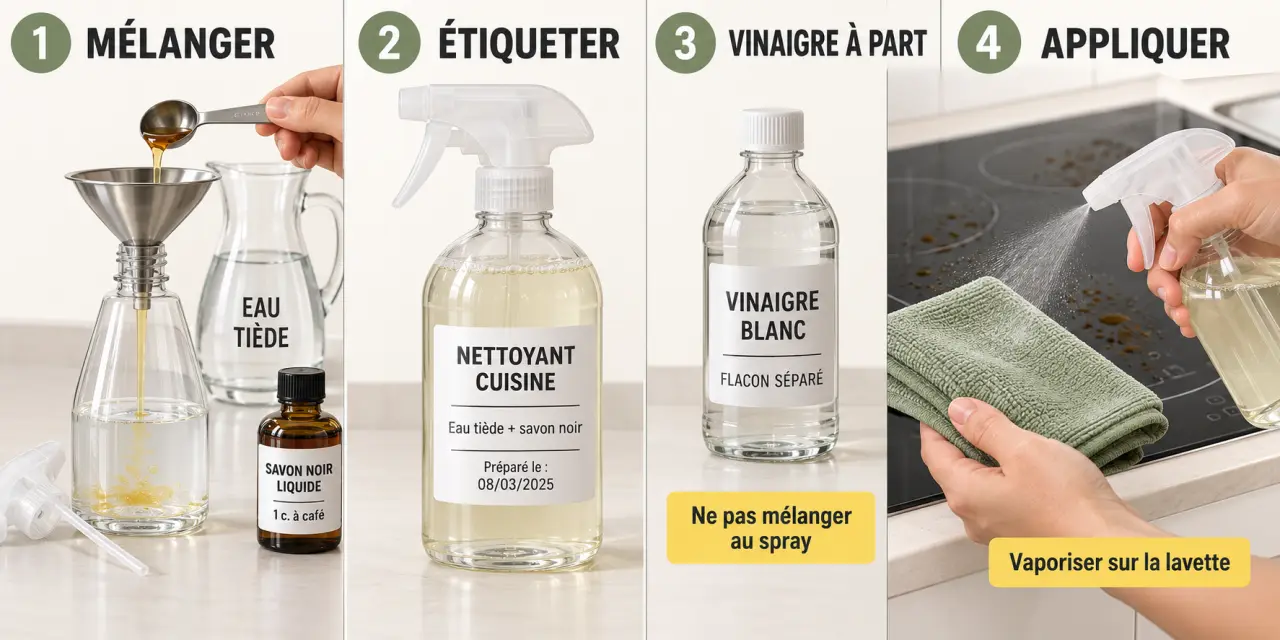 Nettoyant cuisine maison au savon noir préparé dans un flacon et appliqué sur une plaque de cuisson