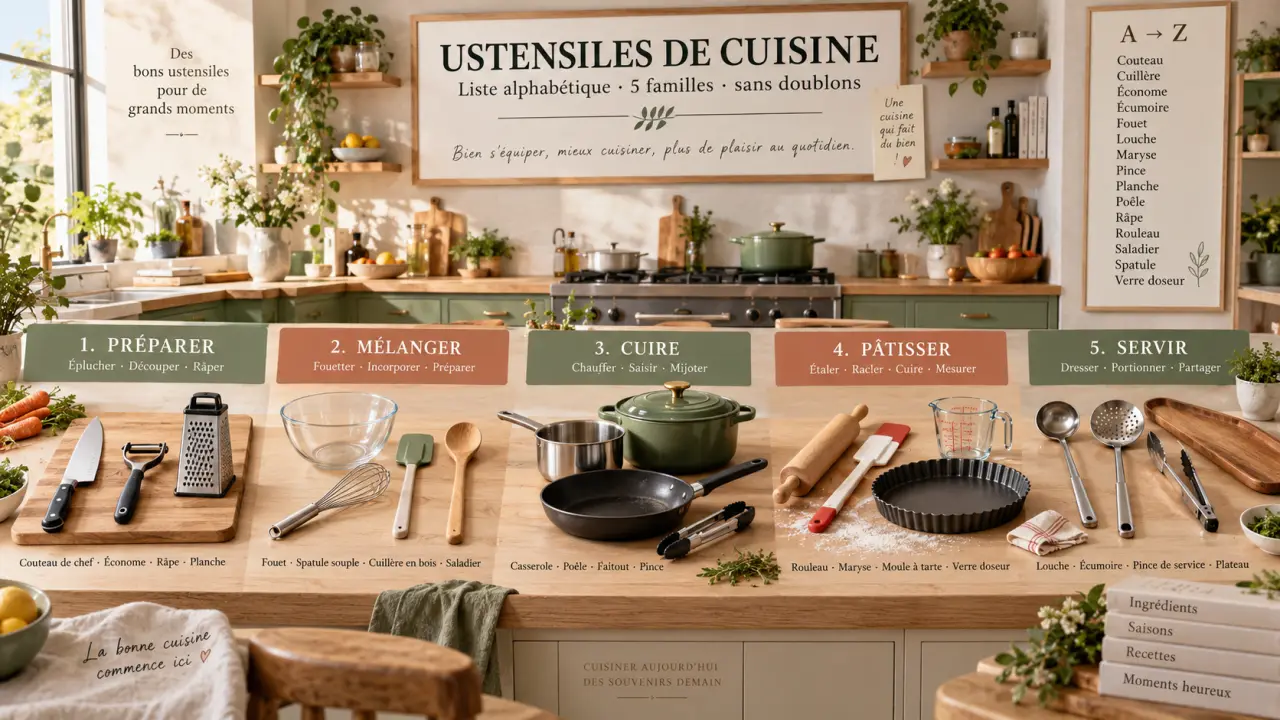 Ustensiles de cuisine : la liste alphabétique et 5 familles pour choisir sans doublons