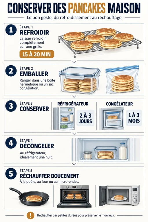 Infographie sur la conservation pancake maison du refroidissement au réchauffage