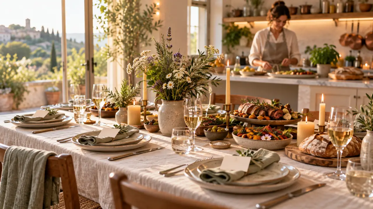 Table en bois dressée pour un dîner chaleureux à domicile