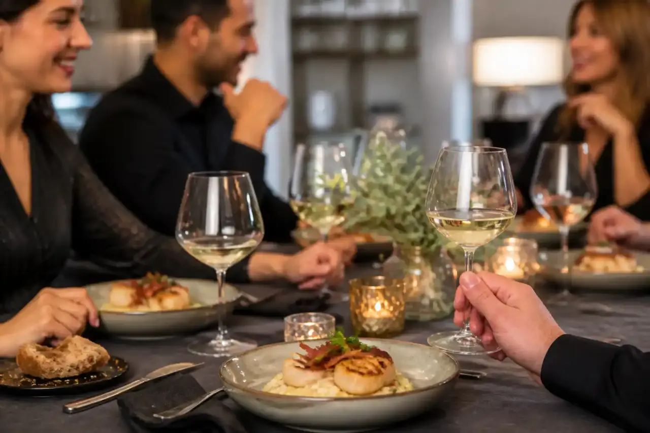 Table dressée avec des plats maison élégants dans une ambiance chaleureuse