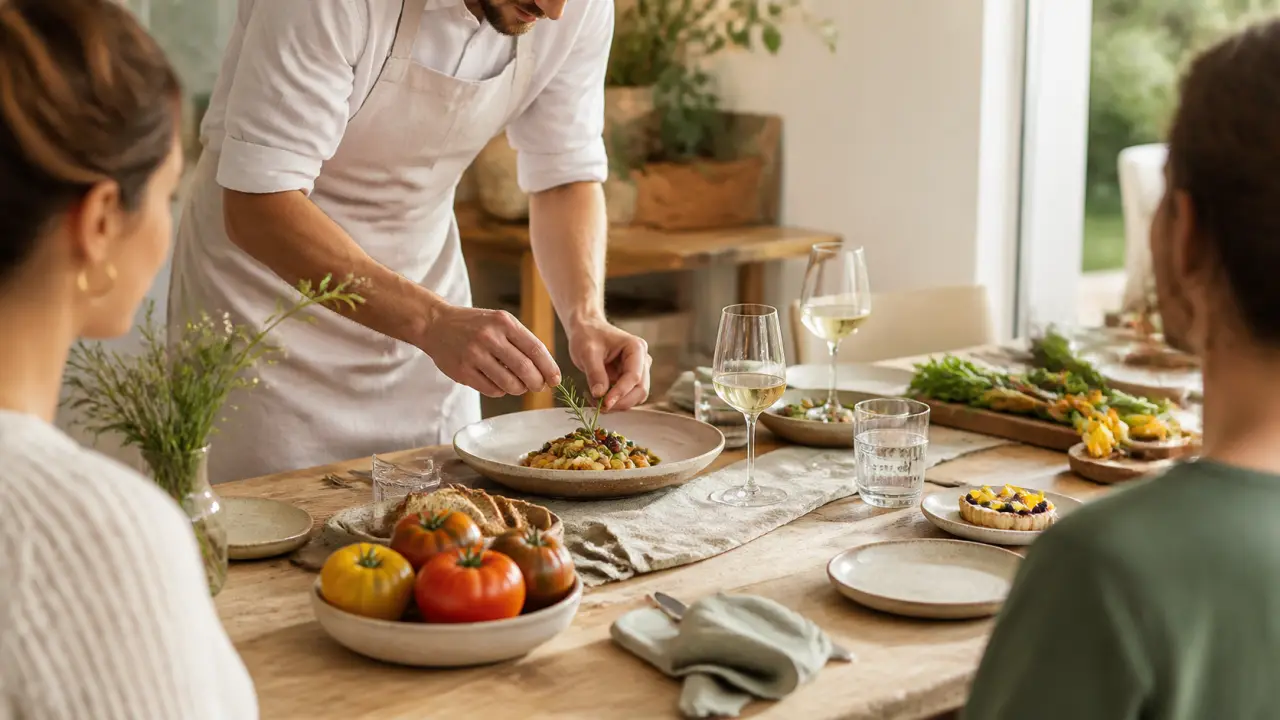 Table dressée pour un dîner de chef à domicile, plats maison et ambiance chaleureuse