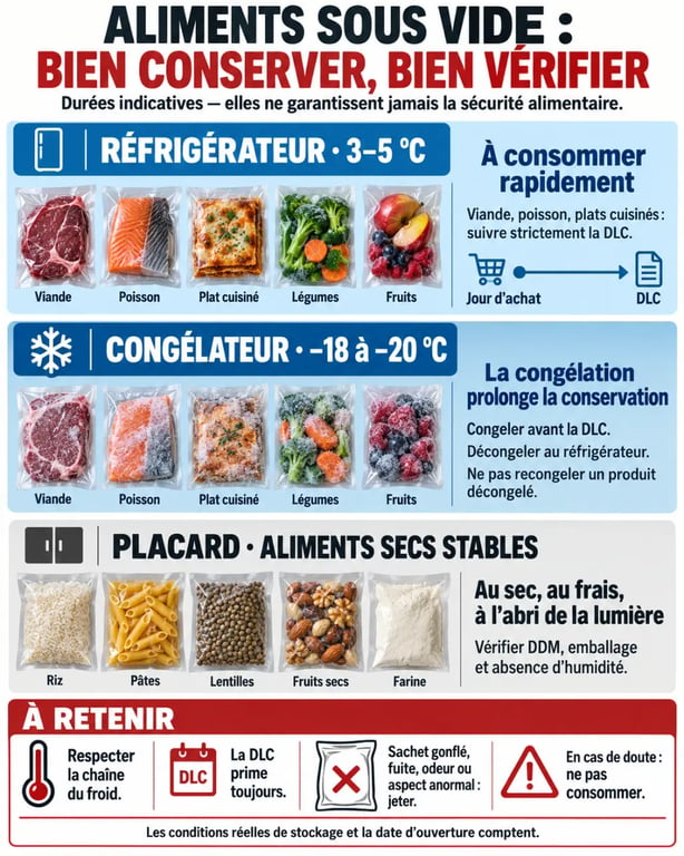 Infographie sur la conservation d’un aliment sous vide au réfrigérateur, au congélateur et au placard
