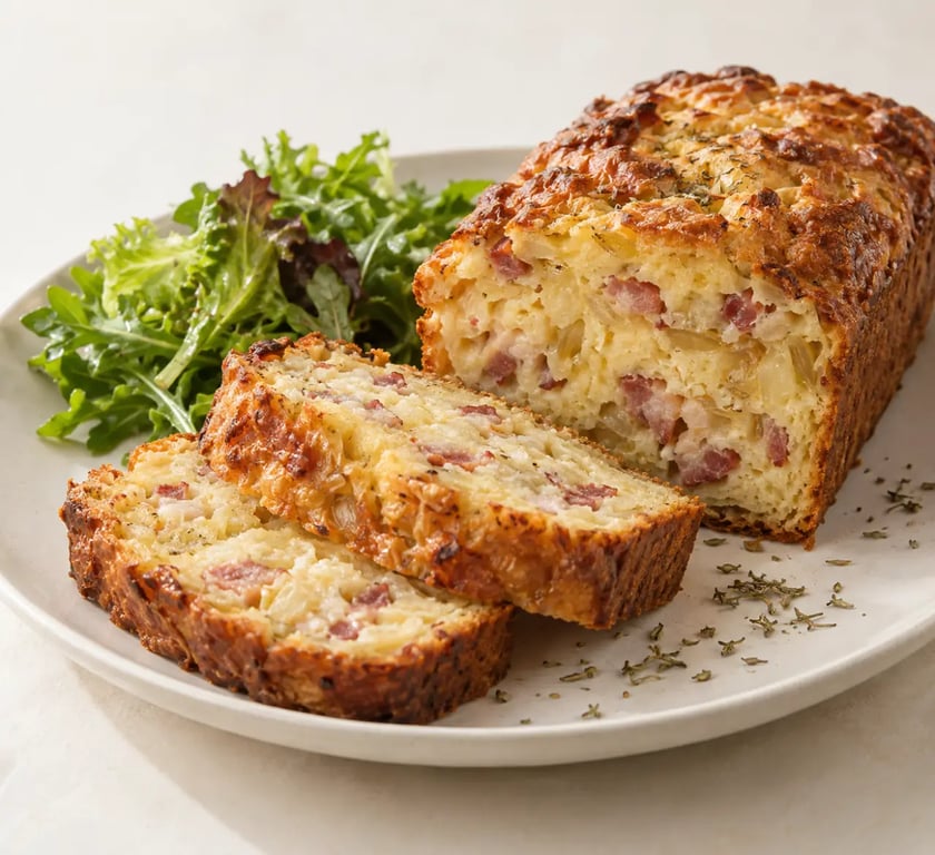Cake sans levure salé aux lardons et aux oignons, tranché et servi avec une salade