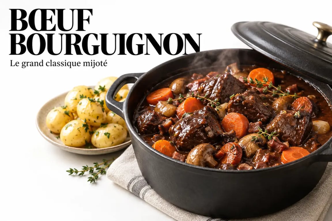 Plats mijotés recettes : bœuf bourguignon servi dans une cocotte en fonte