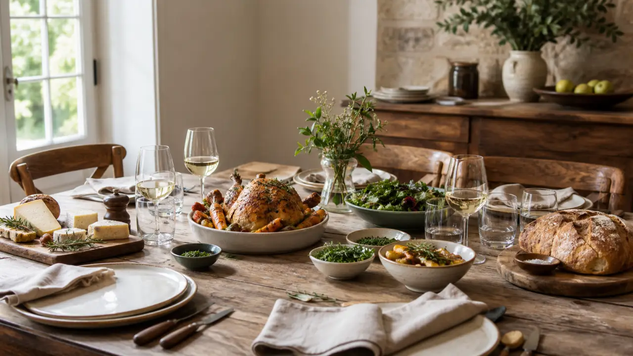 Table en bois dressée pour un dîner terroir, avec plats maison, herbes fraîches et linge en lin