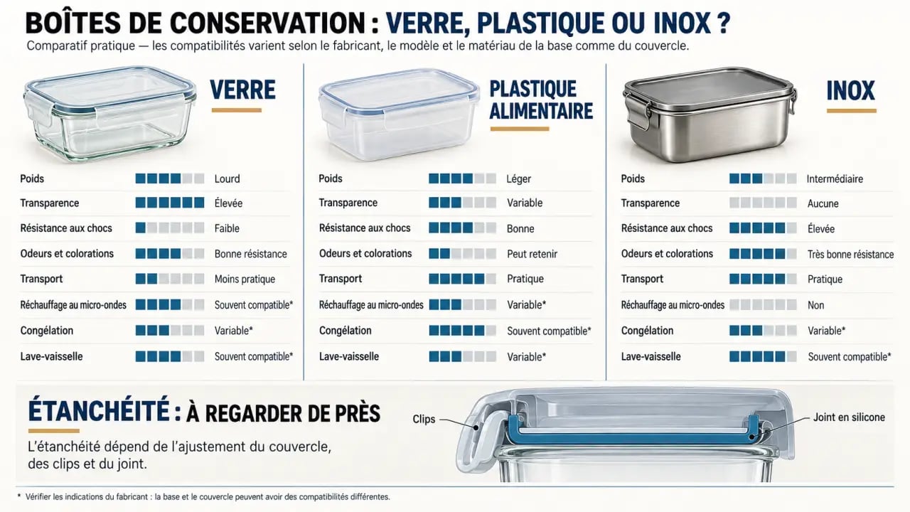 Comparatif de boîtes de conservation alimentaire en verre, plastique et inox selon les usages et compatibilités