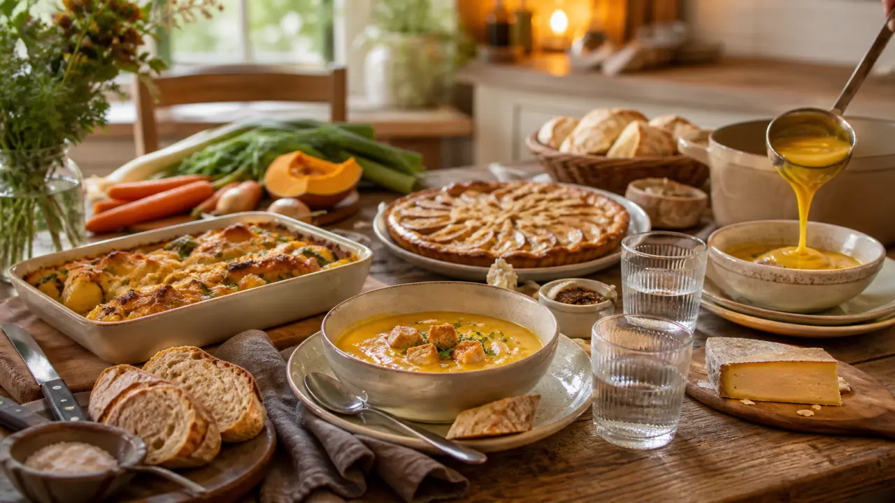 Table en bois dressée pour un dîner du dimanche soir chaleureux et convivial
