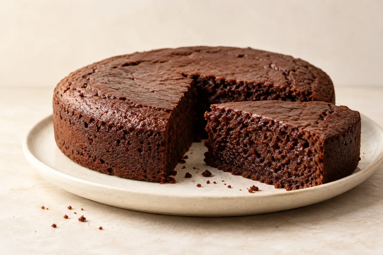 Gâteau sans oeuf et sans lait au chocolat, moelleux et servi sur une assiette