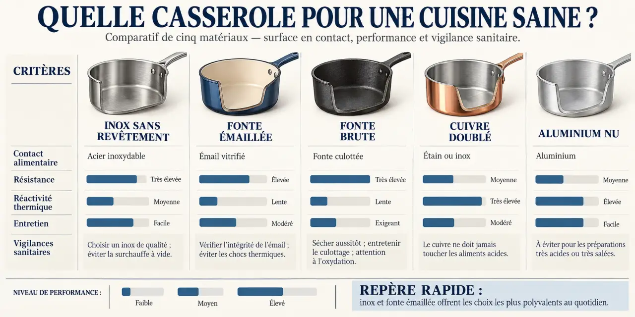 Quelle casserole choisir pour la santé : comparaison visuelle des matériaux inox, fonte, cuivre et aluminium
