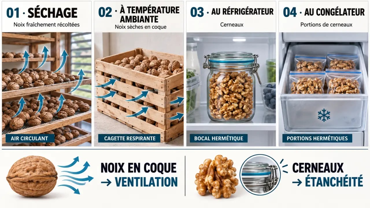 Conservation noix : séchage, stockage en coque, réfrigération et congélation des cerneaux