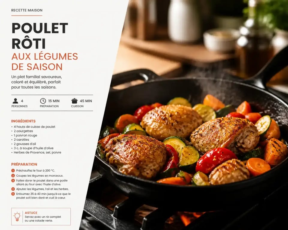Recette à la poêle : poulet doré et légumes cuits en une seule poêle